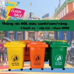 Thùng rác nhựa 60l có bánh xe 3 màu xanh, vàng, cam